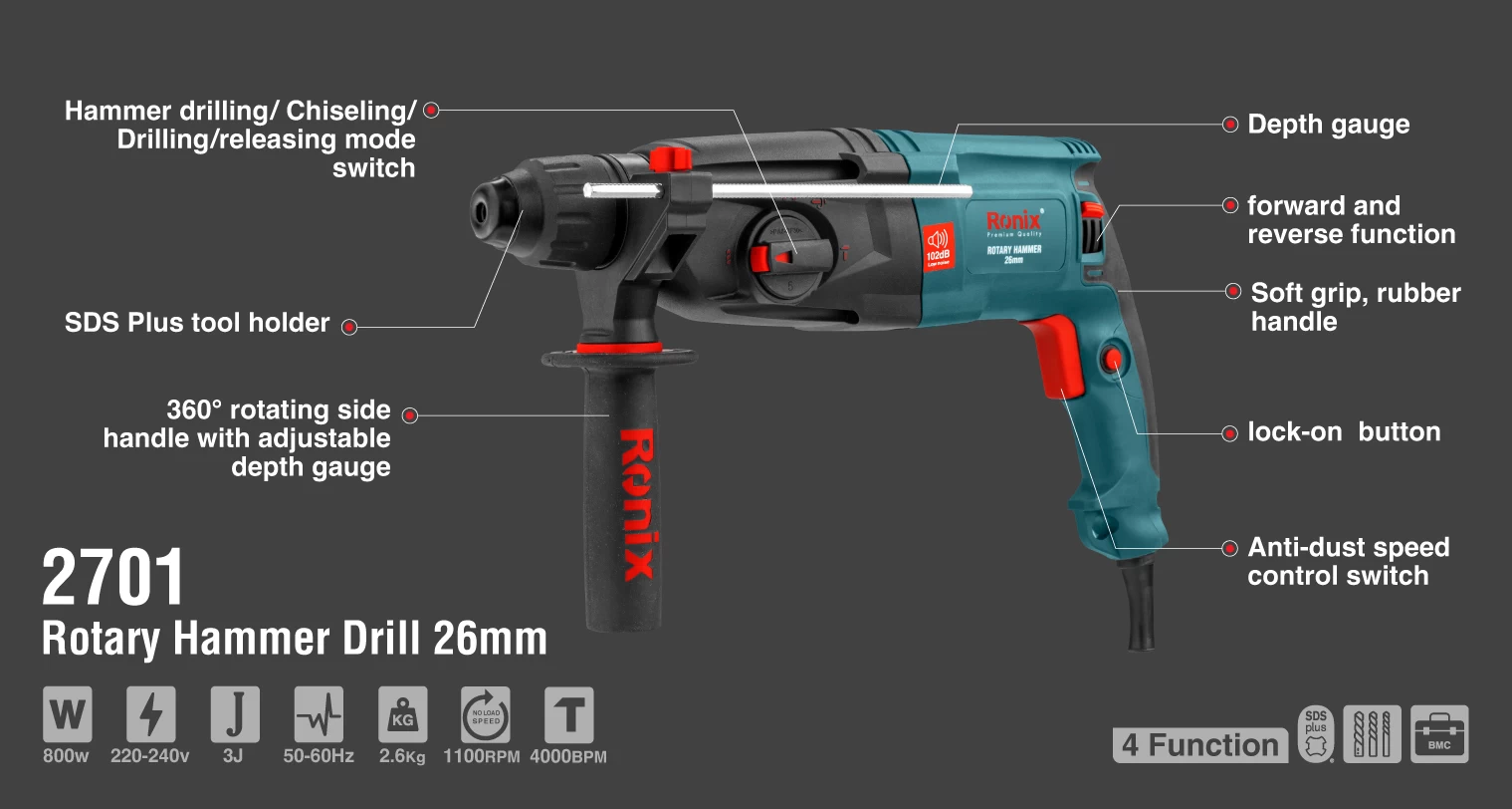Elektro-Bohrhammer 26mm 800W mit variabler Spannung_details