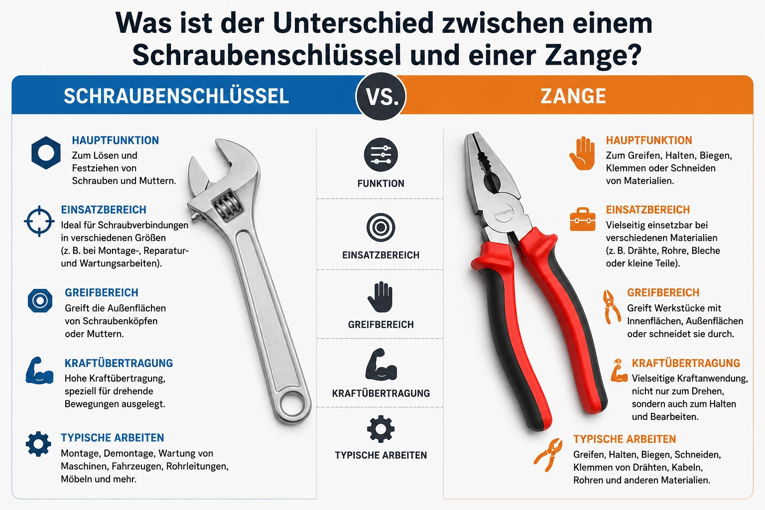Was ist der Unterschied zwischen einem Schraubenschlüssel und einer Zange?