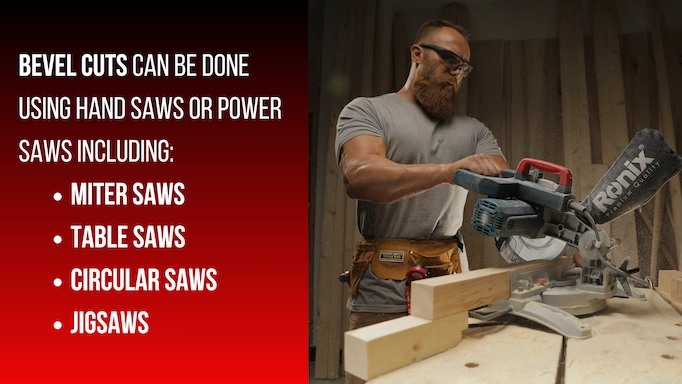 A miter cut being used plus text about different types of power saws