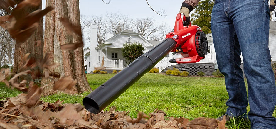 a man handing a cordless leaf blower in a yard