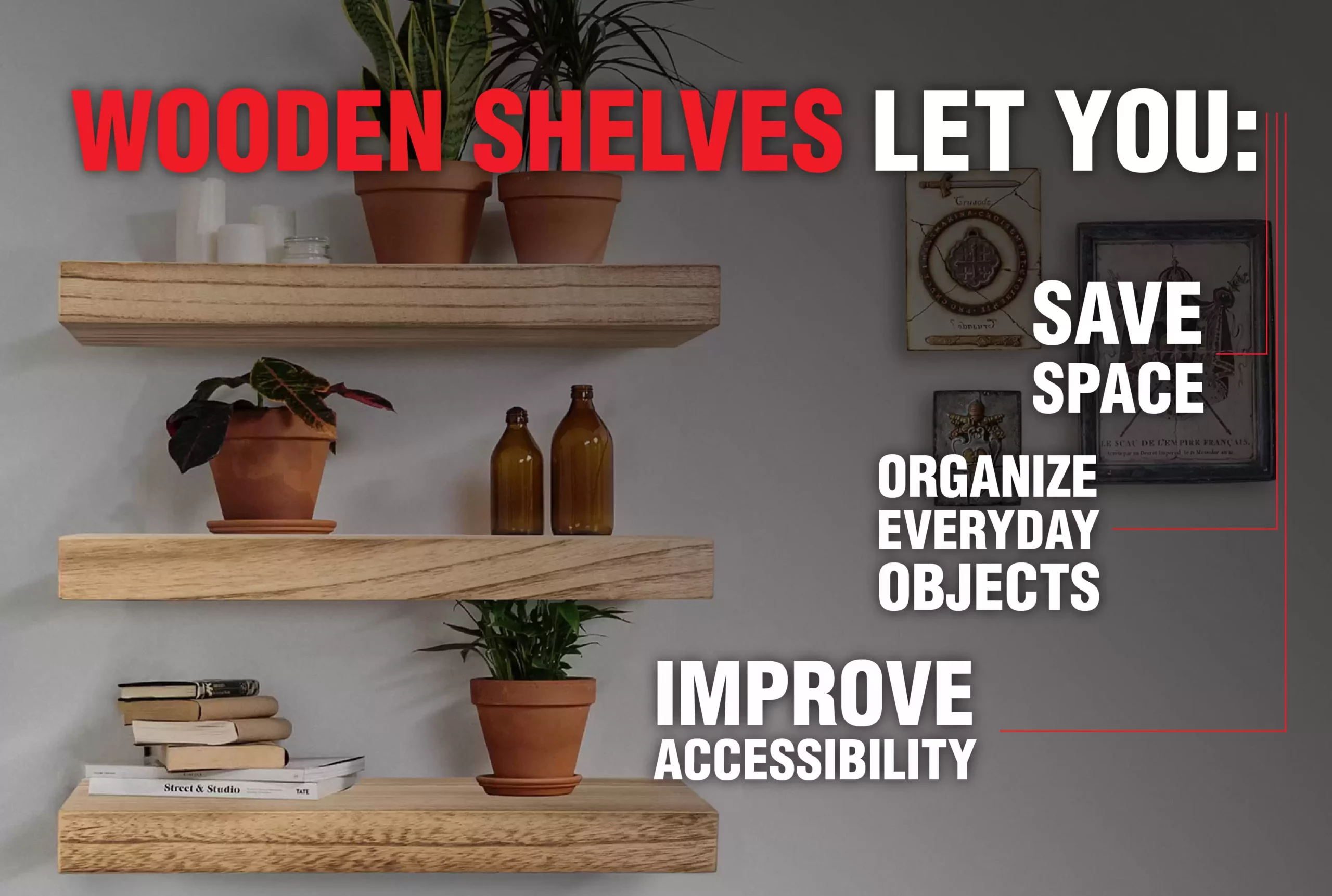 An infographic about advantages of adding wooden shelves to your home
