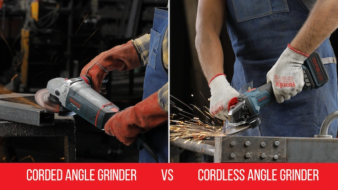 A corded angle grinder and a cordless angle grinder
