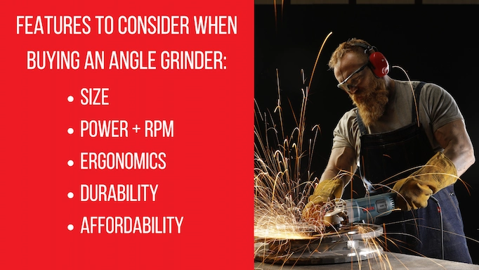 An angle grinder is used to polish metal plus text about features to consider