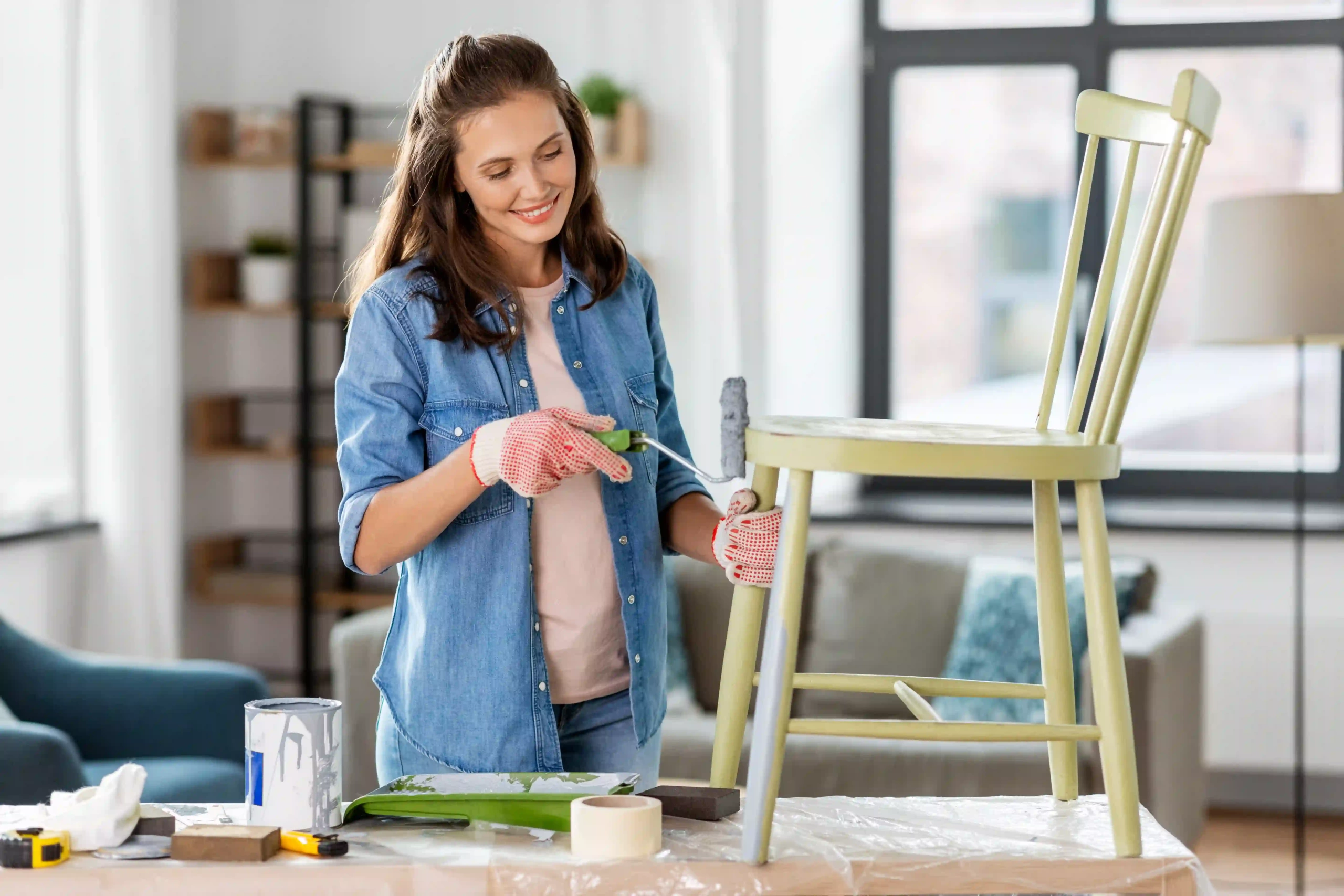 a woman painting a wooden chair with a roller brush, wearing protective gloves.