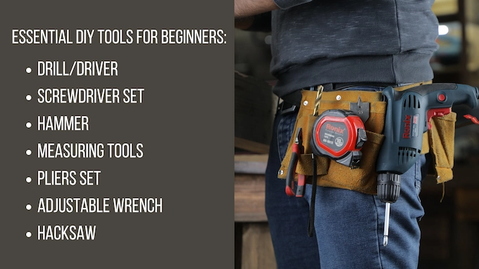 A man wearing a tool belt with all the tools plus text about DIY tools for beginners