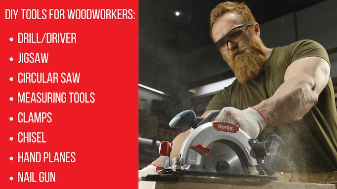 A circular saw is being used to cut wood plus text about DIY tools for woodworkers