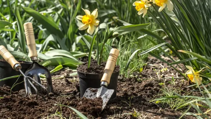 A series of hand digging tools randomly arranged around a flower in the garden
