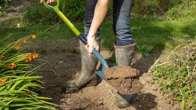 A man using a spade to dig and move the soil 