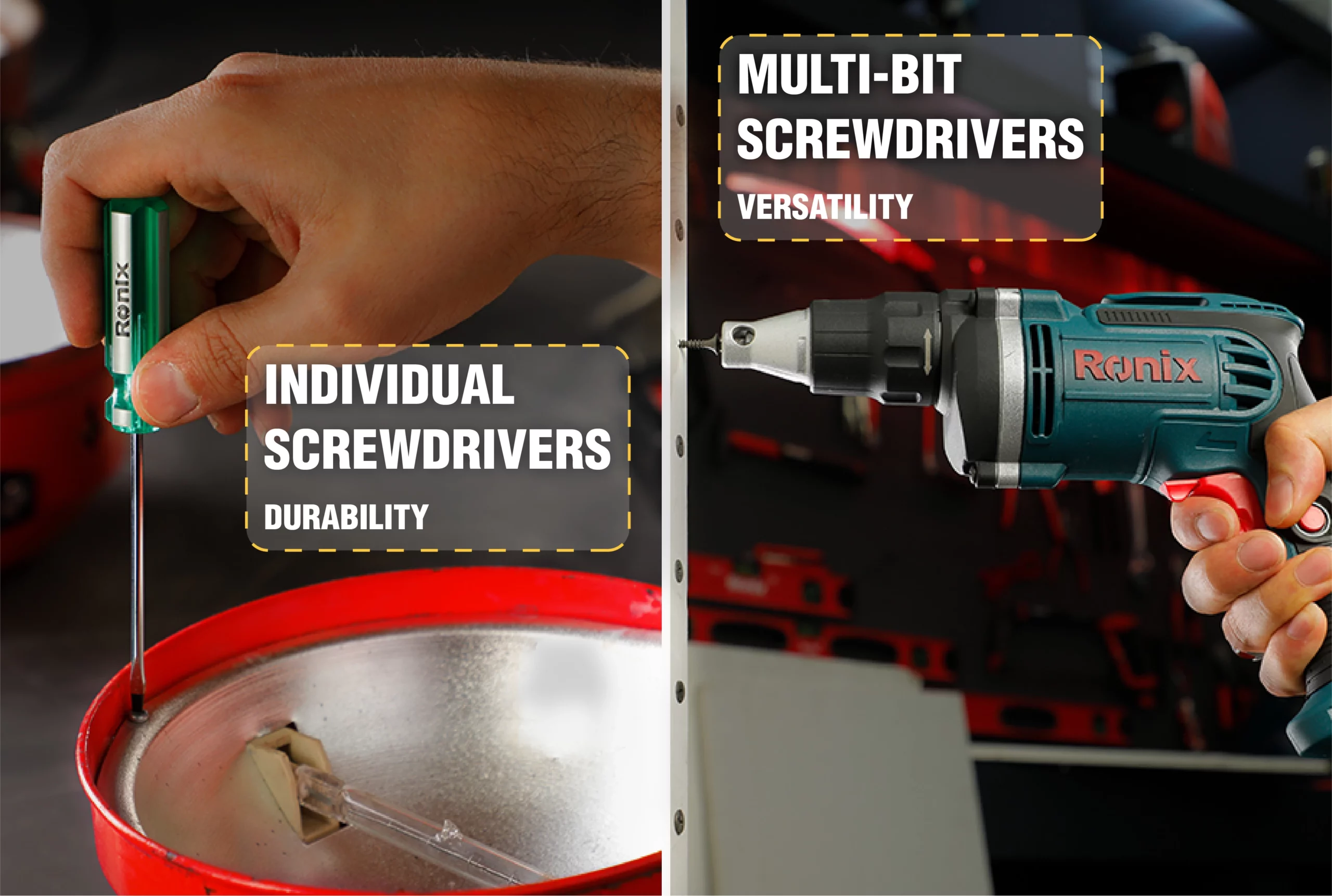 An infographic comparing individual and multi-bit screwdrivers