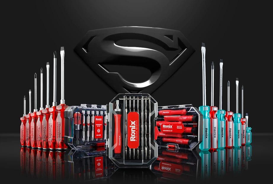 a Ronix screwdriver set showcased in front of the Superman symbol
