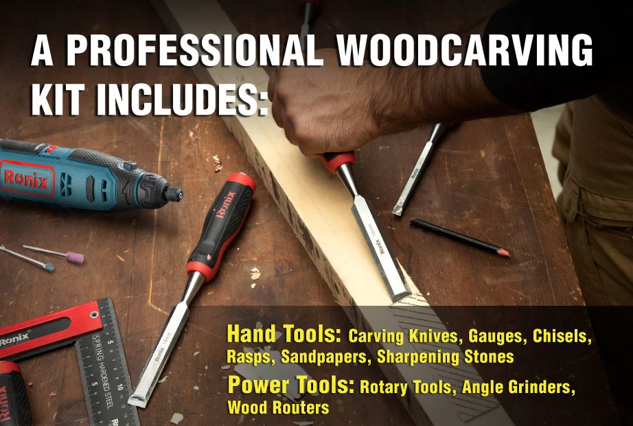 An Infographic about the hand and power tools in a woodcarving tool kit