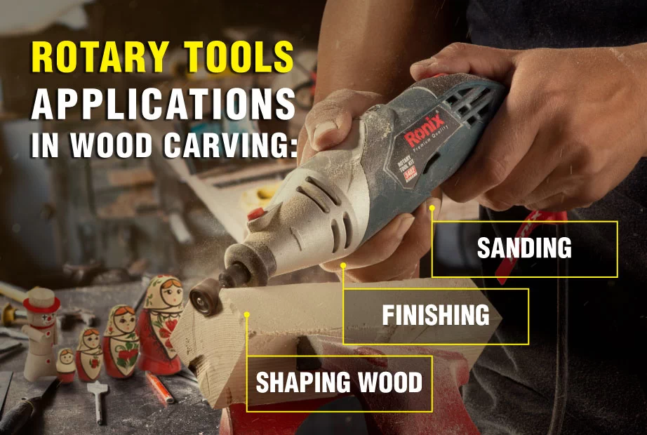 An infographic about a rotary tool’s applications in woodcarving