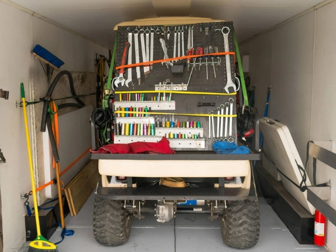A Tool board on a truck in a garage