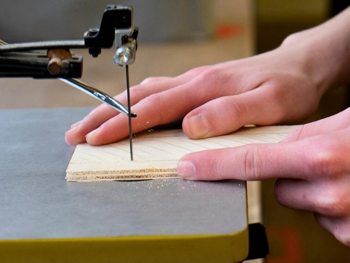a person cutting a piece of wood with a scroll saw