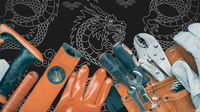 A set of hand tools with the Chinese dragon in the background