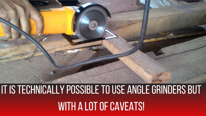 An angle grinder is used to cut wood plus text