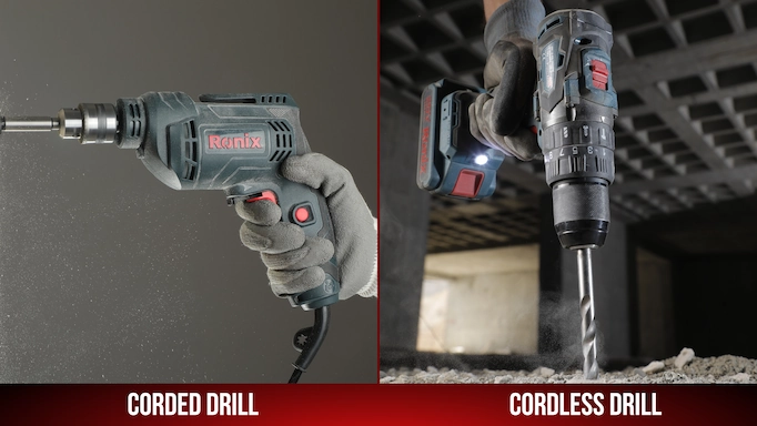 A corded drill and a cordless drill being used plus text