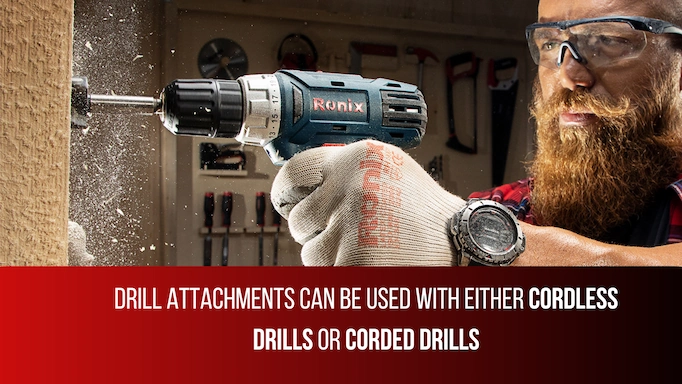 A corded drill is being used plus text about corded drill attachments