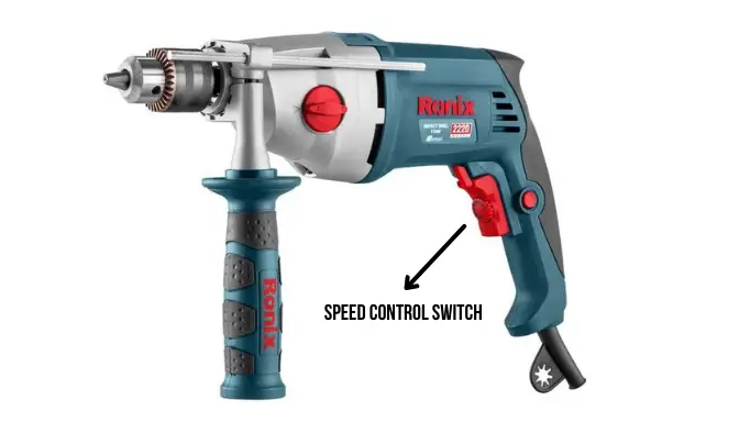 An infographic that shows speed control switch on a corded hammer drill