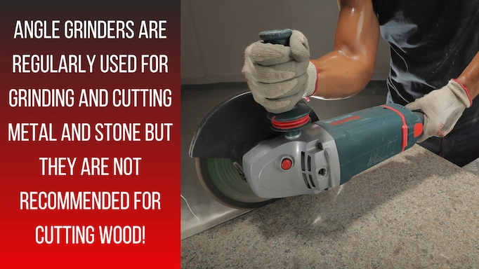 Angle grinder is being used to cut concrete plus text about grinder uses