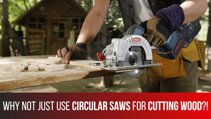 A circular saw is being used for cutting wood plus text