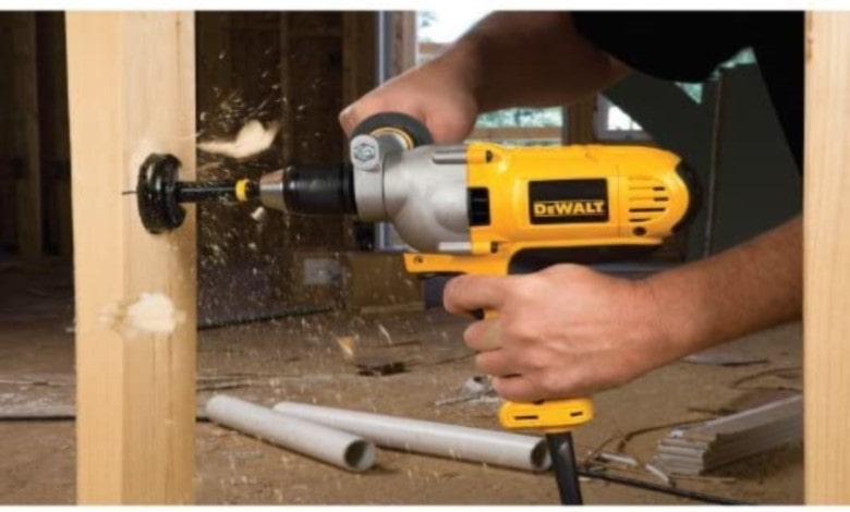 DeWalt corded drill, drilling into wood