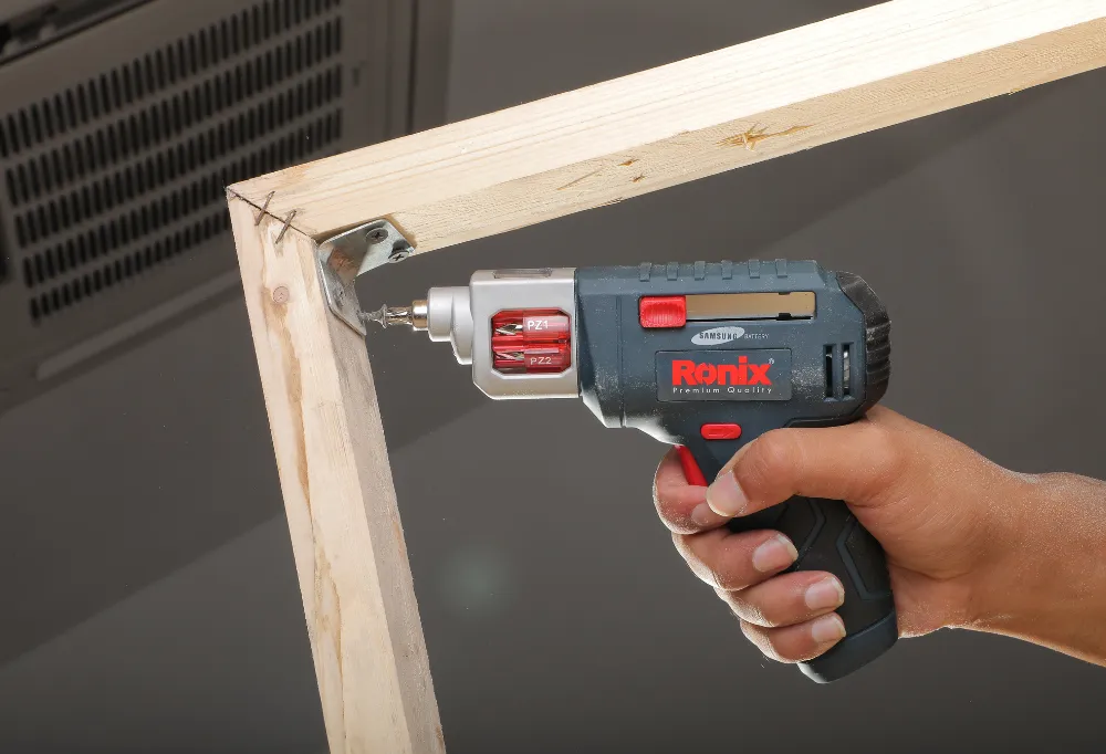 The Ronix cordless screwdriver on a frame