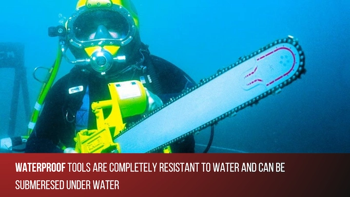 A scuba diver using an underwater chainsaw with text about waterproof tools