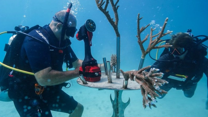 Workers under the sea using waterproof power tools carfting art from the coral reef
