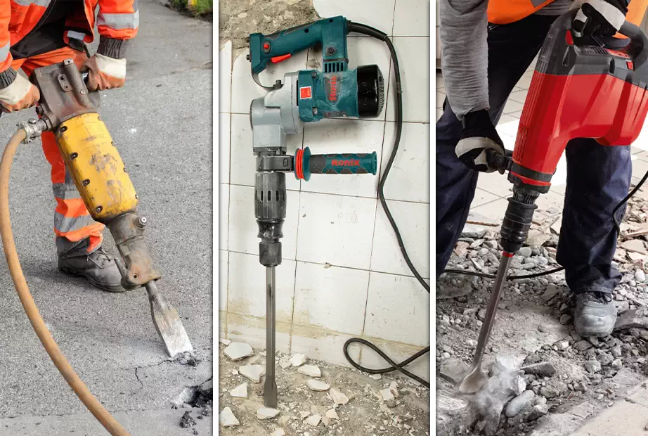 A collage photo of three jackhammers used for tile removal and asphalt demolition