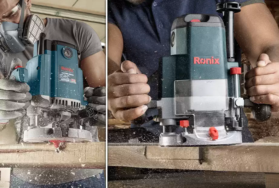 A-collage-photo-of-using-router-and-trimmer-for-woodworking