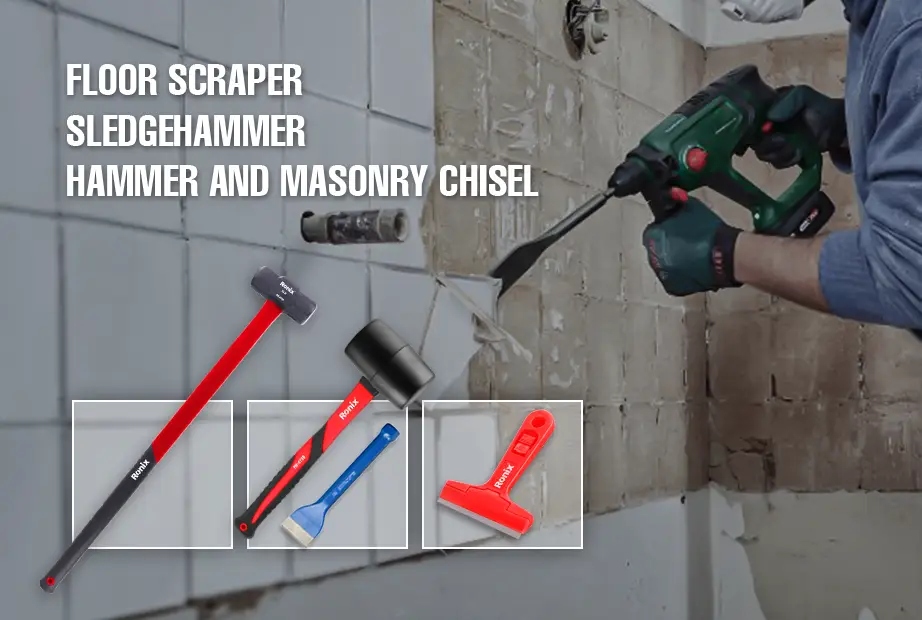 Different tools used for tile removal: scraper, sledgehammer, masonry chisel