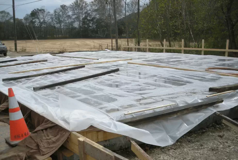 photo of a covered concrete pieces with polythene sheet