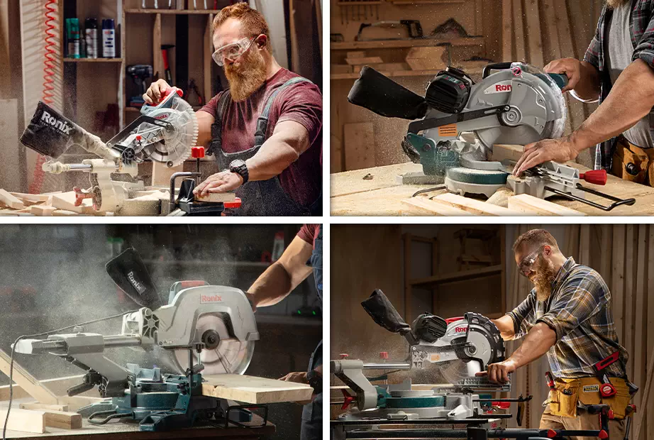 collage photo of a man operating miter saw for wood cutting