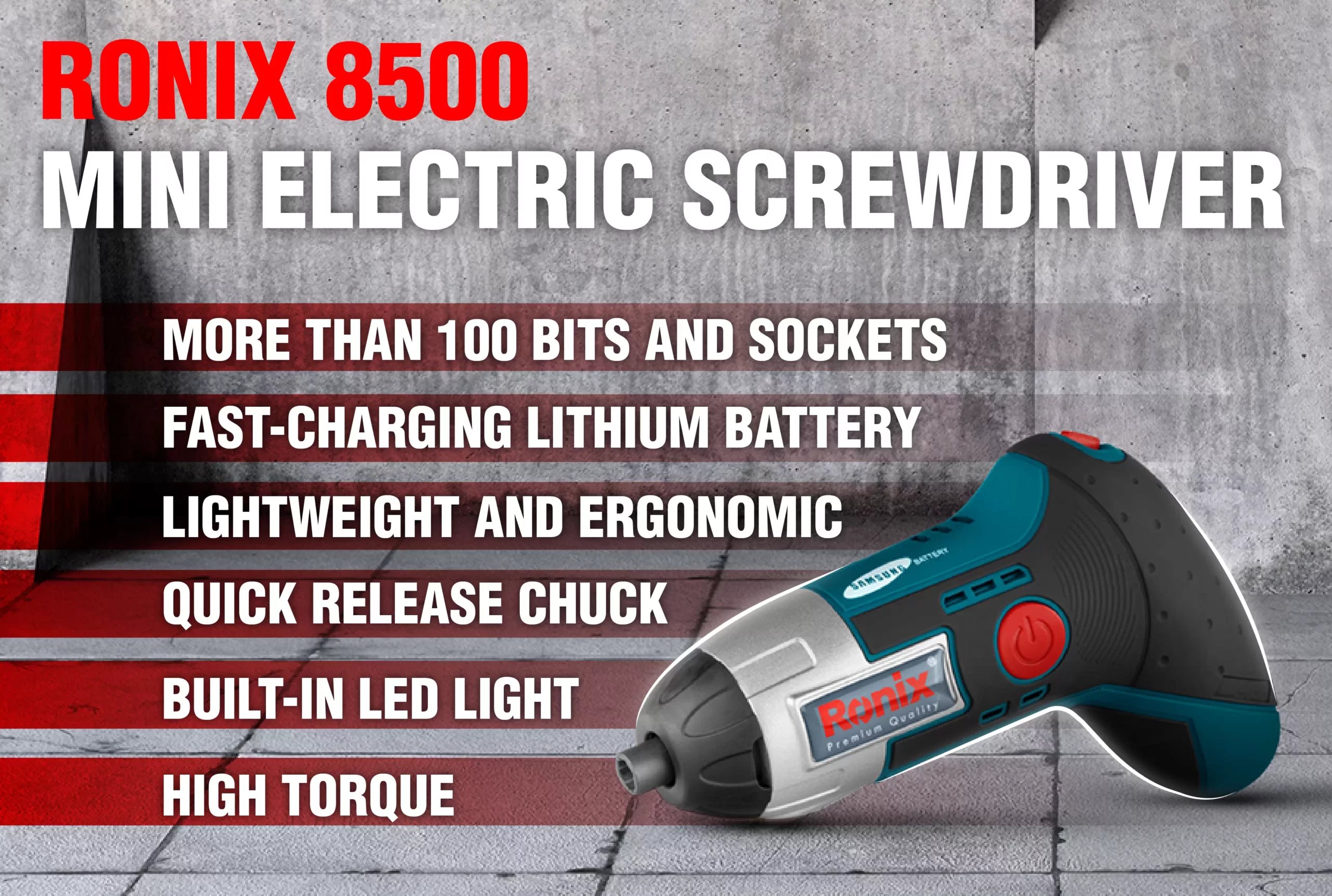 An infographic about Ronix 8500 mini electric screwdriver features