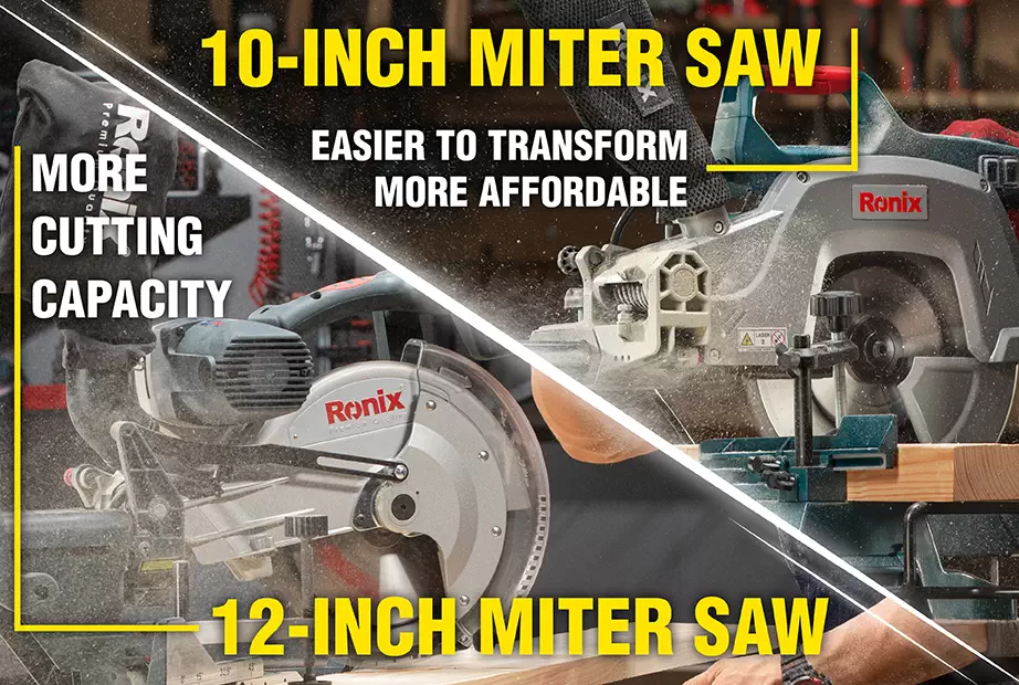 An infographic collage of comparing 10-inch and 12-inch miter saws
