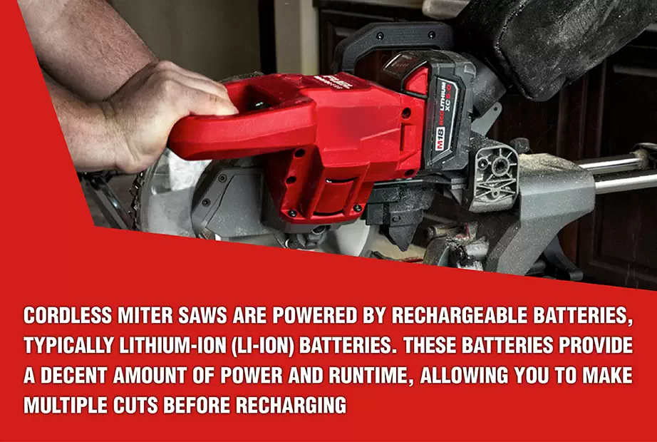  An infographic of a red cordless miter saw