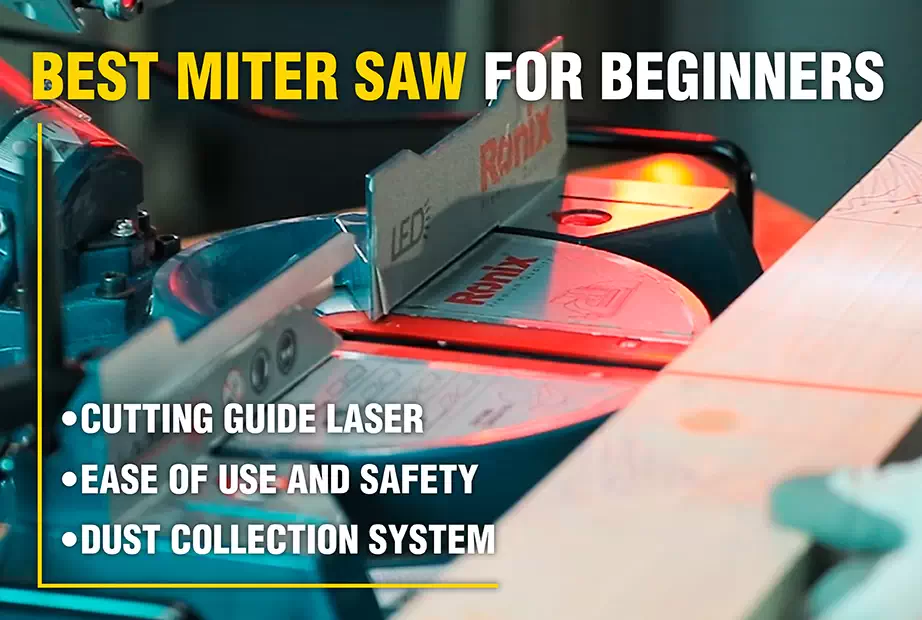 An infographic photo of a miter saw with its features for beginners