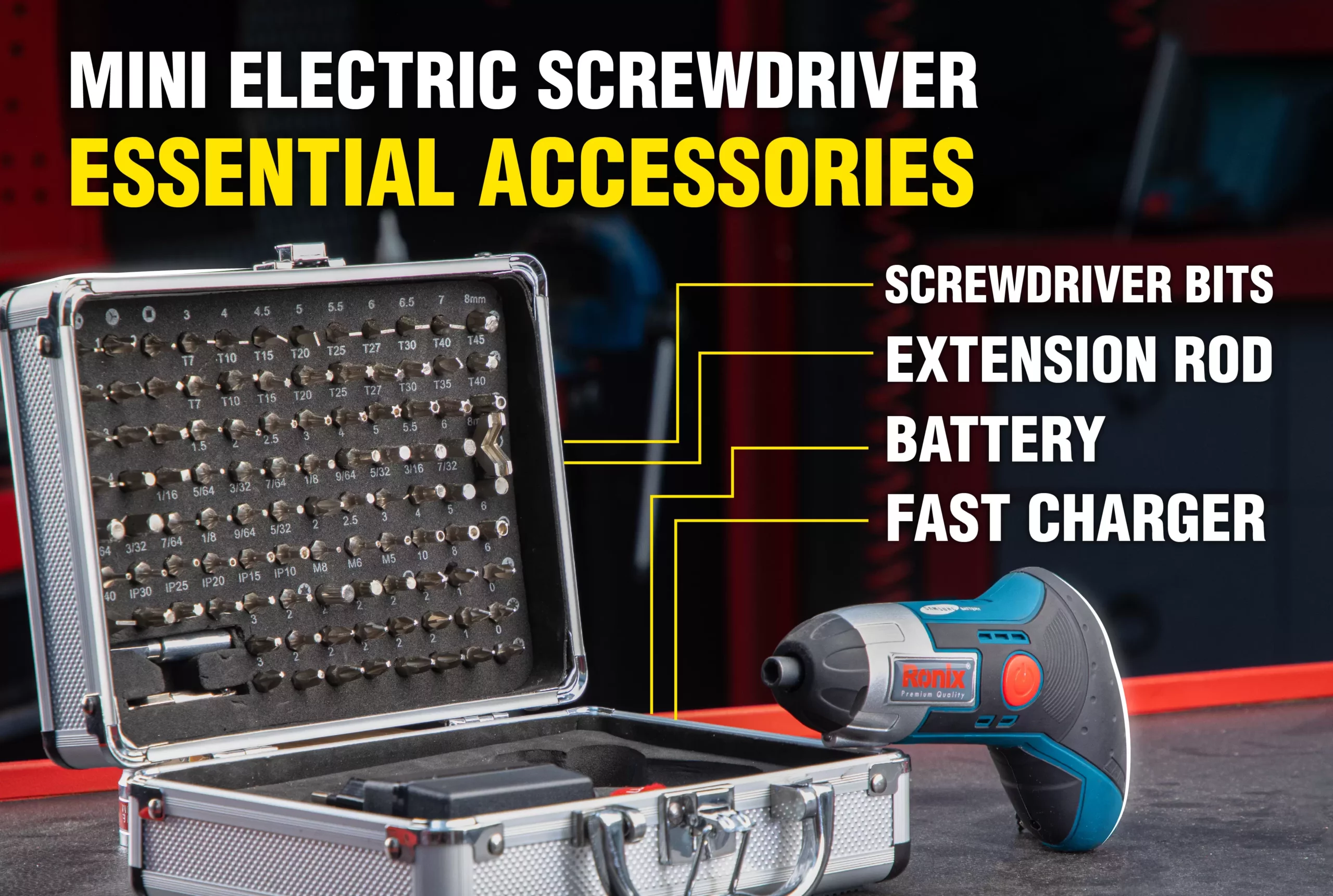 An infographic about a mini electric screwdriver's essential accessories