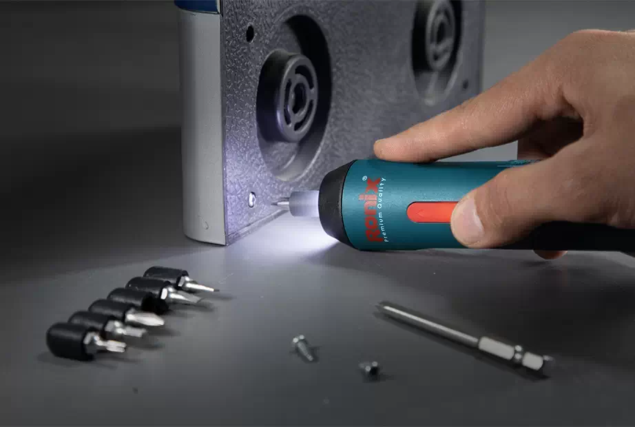 LED light on a mini electric screwdriver illuminates the workpiece