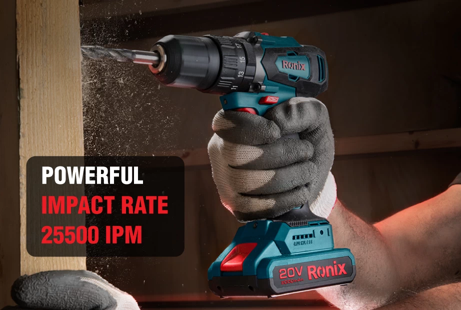 20V hammer drill is being used to drill into wood