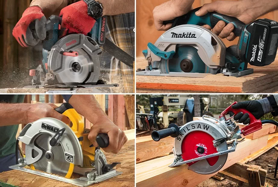 A collage of different types of circular saws