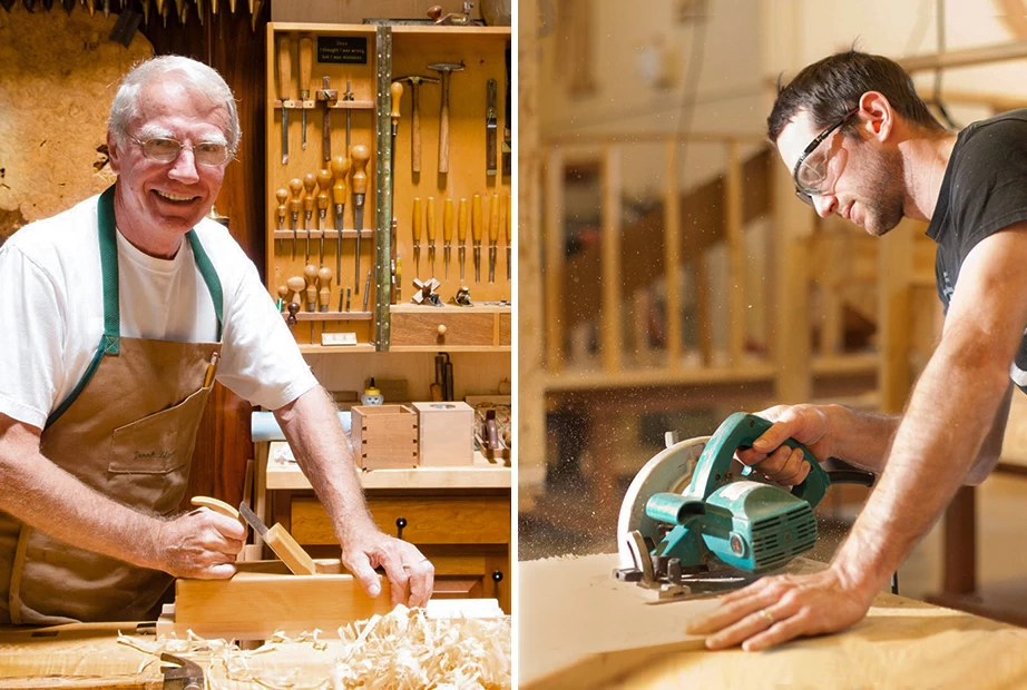 A collage photo of an old and modern woodworking shop