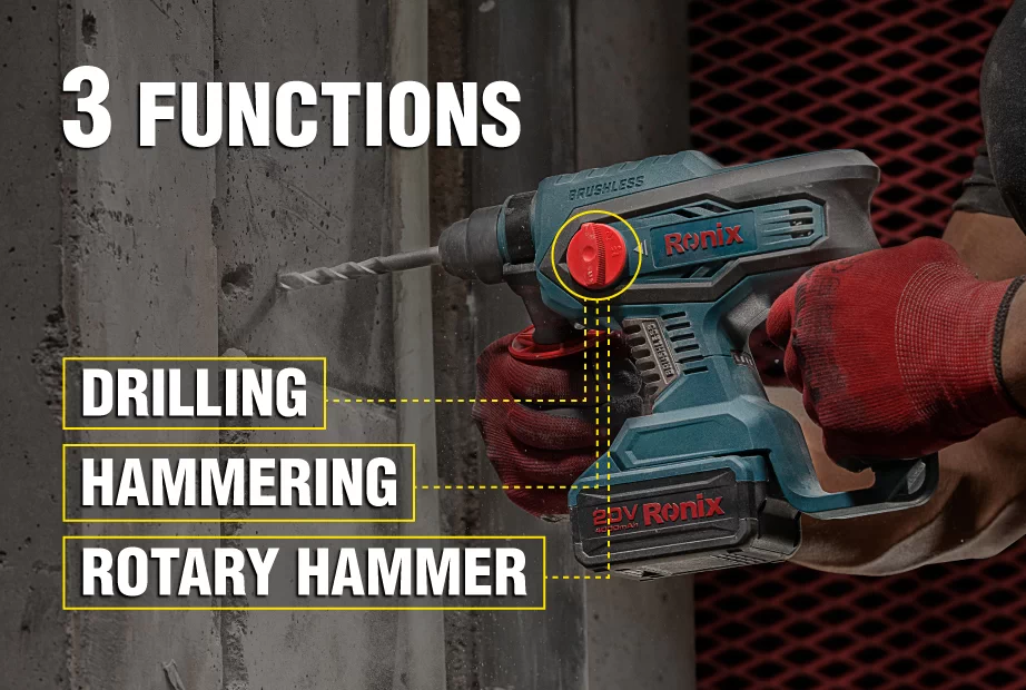 A cordless rotary hammer and all its three functions