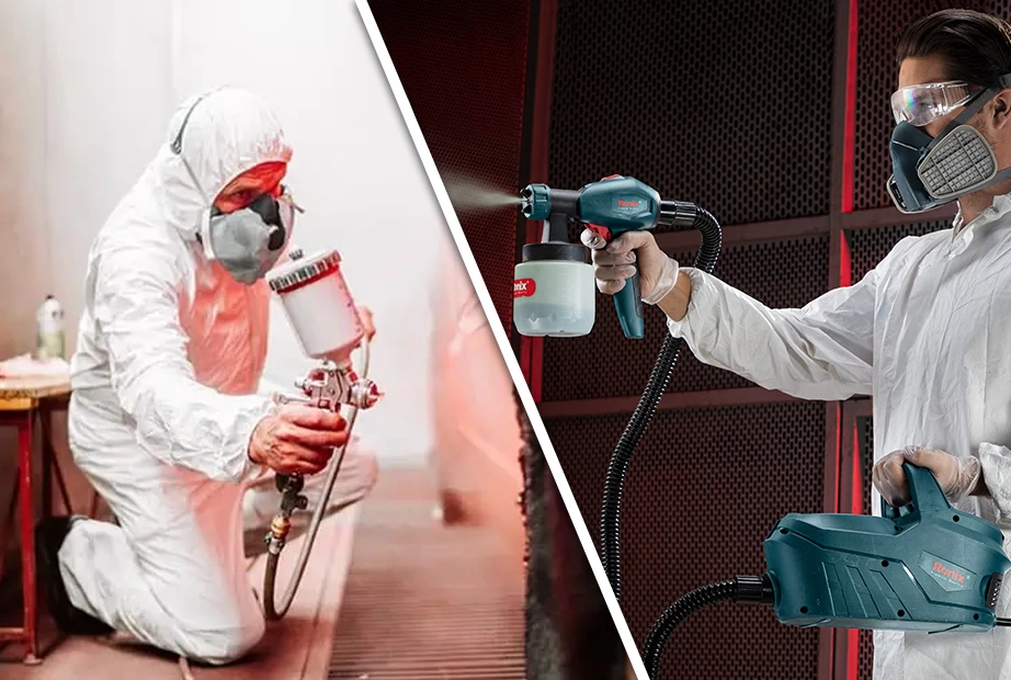 A picture of a man using a spray gun with short hose vs. a man using a spray gun with long hose length