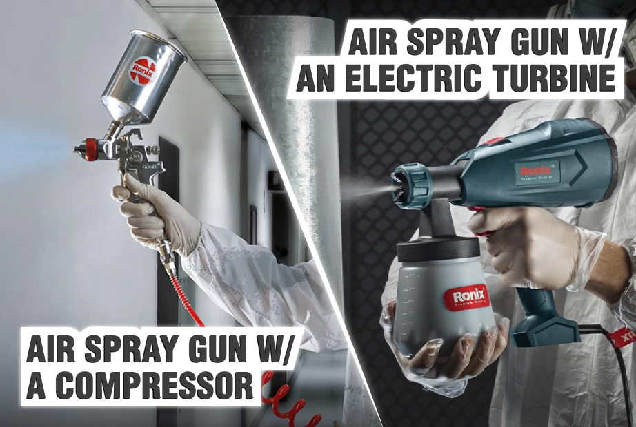 An air spray gun with a compressor and an air spray gun with an electric turbine being used