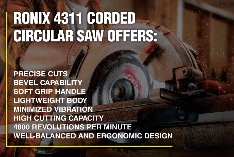  An infographic about Ronix 4311 corded circular saw’s features and capabilities