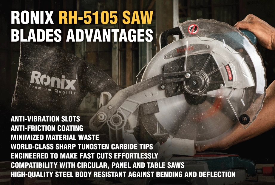 An infographic about Ronix RH-5105 saw blade features