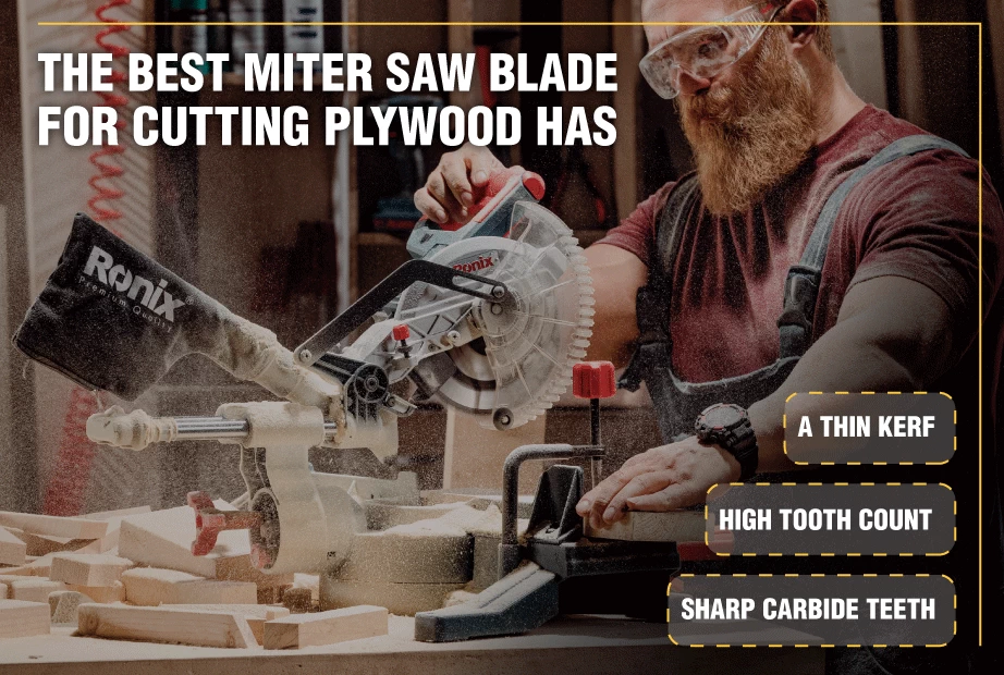 An infographic about features of the best miter saw blade for cutting through plywood