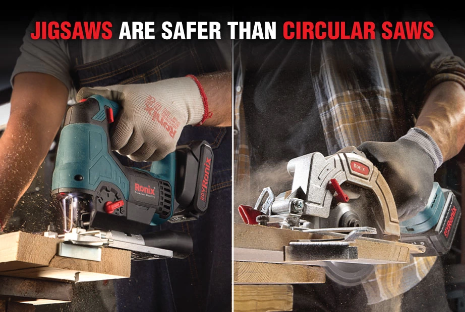 A jigsaw and a circular saw are being used to cut wood